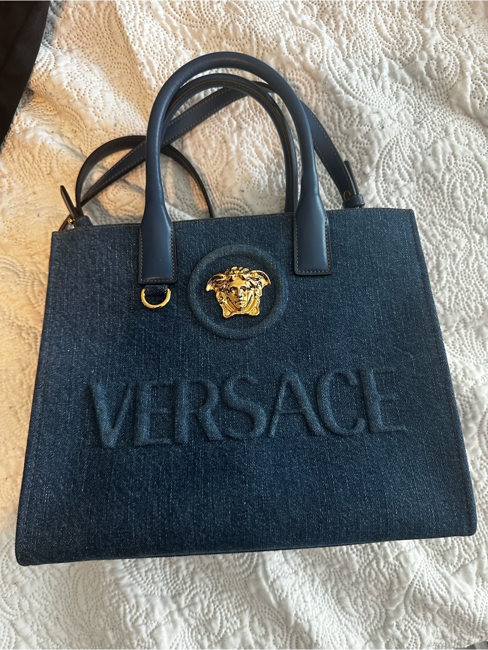 Versace Dark Blue Denim Tote with Gold Medusa Emblem